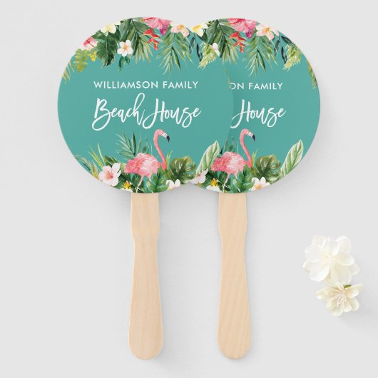 Penseel Script Tropical Floral Family Beach House Handwaaier (Voorkant en achterkant)