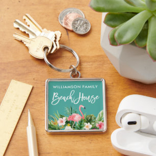 Penseel Script Tropical Floral Family Beach House Sleutelhanger