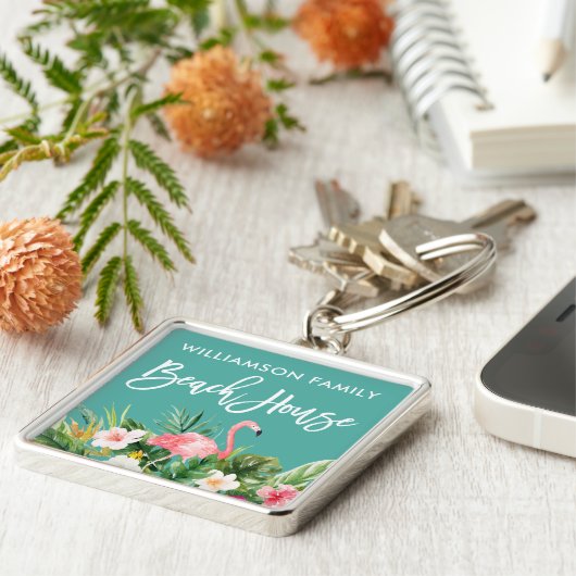 Penseel Script Tropical Floral Family Beach House Sleutelhanger (Zijkant)