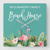 Penseel Script Tropical Floral Family Beach House Vierkante Klok (Voorkant)