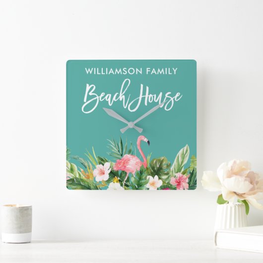 Penseel Script Tropical Floral Family Beach House Vierkante Klok (Huis)
