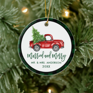 Penseel Script Truck Green Pset Married Merry Keramisch Ornament
