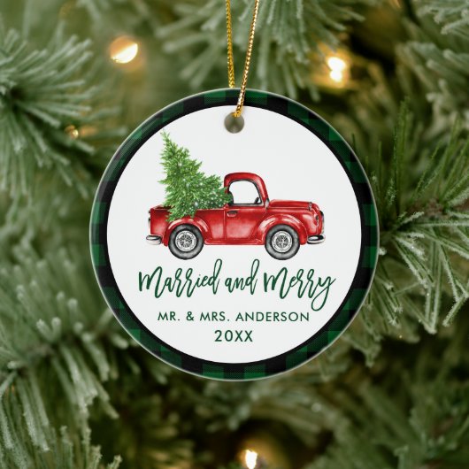 Penseel Script Truck Green Pset Married Merry Keramisch Ornament (Boom)