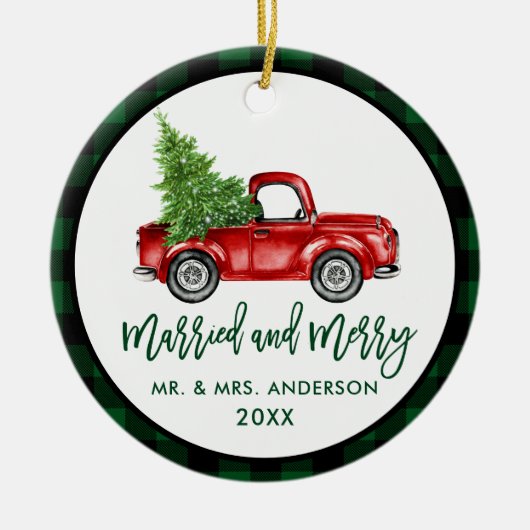 Penseel Script Truck Green Pset Married Merry Keramisch Ornament (Voorkant)
