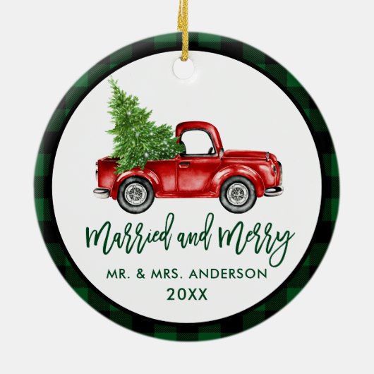 Penseel Script Truck Green Pset Married Merry Keramisch Ornament (Achterkant)