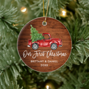 Penseel Script  Truck Wood Eerste Kerstmis Keramisch Ornament