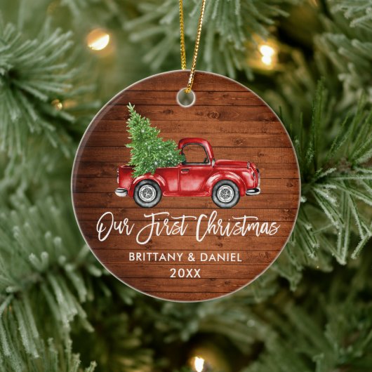 Penseel Script  Truck Wood Eerste Kerstmis Keramisch Ornament (Boom)