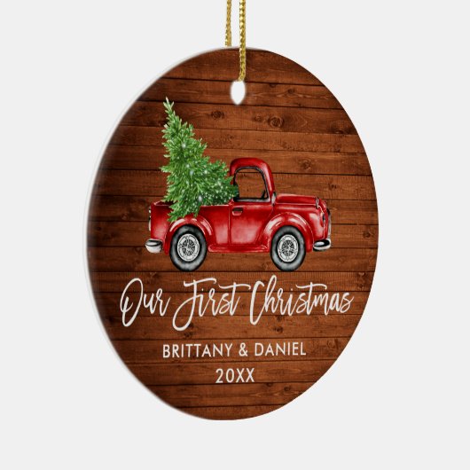 Penseel Script  Truck Wood Eerste Kerstmis Keramisch Ornament (Rechts)