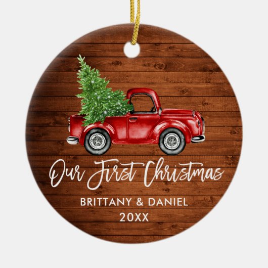 Penseel Script  Truck Wood Eerste Kerstmis Keramisch Ornament (Voorkant)