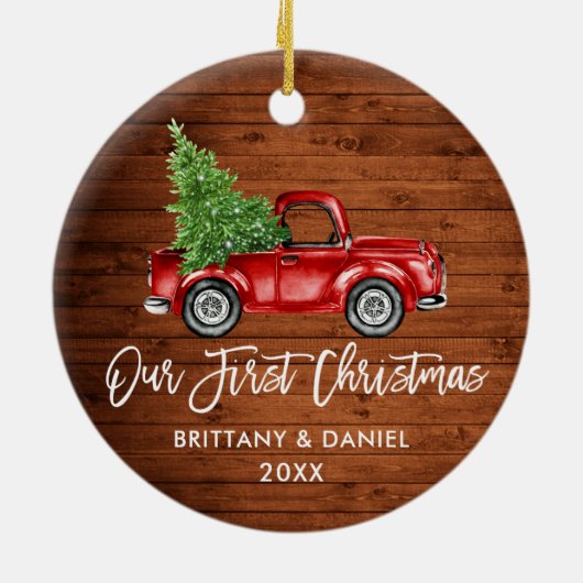 Penseel Script  Truck Wood Eerste Kerstmis Keramisch Ornament (Achterkant)