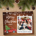 Penseel Script Truck Wood  Kerstmis foto Briefkaart<br><div class="desc">Modern penseelscript,  Waterverf  rood vrachtwagen met kerstboom,  Instant Camera Style Briefkaart voor vrolijk kerstfeest - Rustic Wood en String Lights</div>