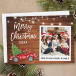 Penseel Script Truck Wood  Kerstmis foto Feestdagenkaart<br><div class="desc">Modern penseelscript,  Waterverf  rood vrachtwagen met kerstboom,  Instant Camera Style Kaart voor vrolijk kerstfeest - Rustic Wood en String Lights</div>