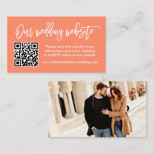 Penseel Script Weddenschap Website QR Foto Koraal Informatiekaartje (Voorkant / Achterkant)