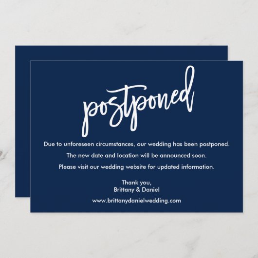 Penseel Script Wedding Postponed Navy Blue Kaart (Voorkant / Achterkant)