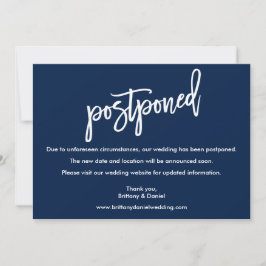 Penseel Script Wedding Postponed Navy Blue Kaart