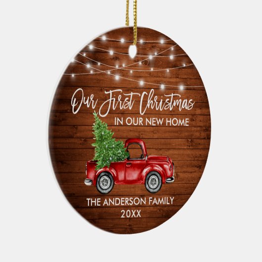 Penseel Script Wood 1st Kerstmis Thuisvrachtlichte Keramisch Ornament (Rechts)