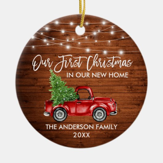 Penseel Script Wood 1st Kerstmis Thuisvrachtlichte Keramisch Ornament (Voorkant)