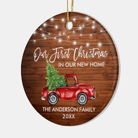 Penseel Script Wood 1st Kerstmis Thuisvrachtlichte Keramisch Ornament (Links)