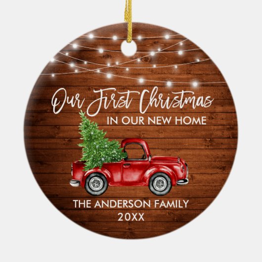 Penseel Script Wood 1st Kerstmis Thuisvrachtlichte Keramisch Ornament (Achterkant)