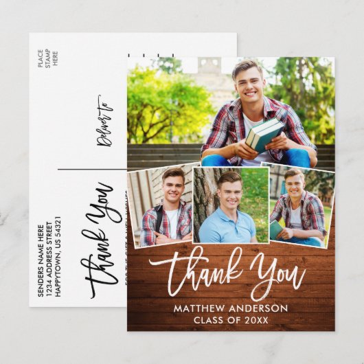 Penseel Script Wood 4 Foto Afstuderen Dank u Briefkaart (Voorkant / Achterkant)