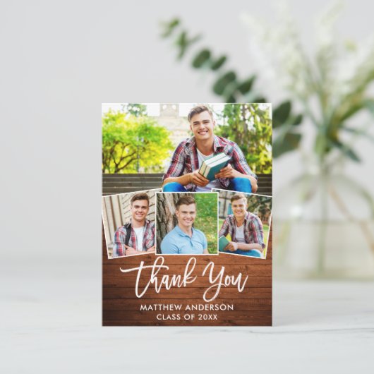 Penseel Script Wood 4 Foto Afstuderen Dank u Briefkaart (Staand voorkant)