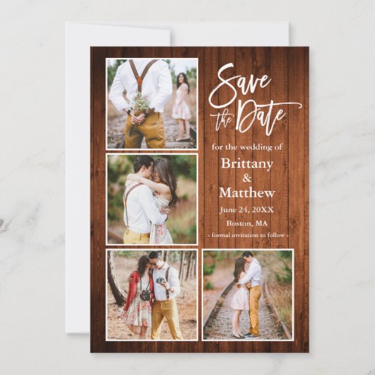 Penseel Script Wood 4 Foto Verloving Save The Date (Voorkant)