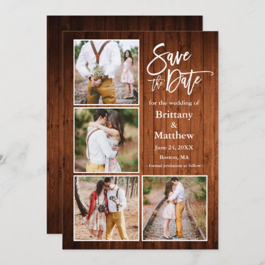 Penseel Script Wood 4 Foto Verloving Save The Date (Voorkant / Achterkant)