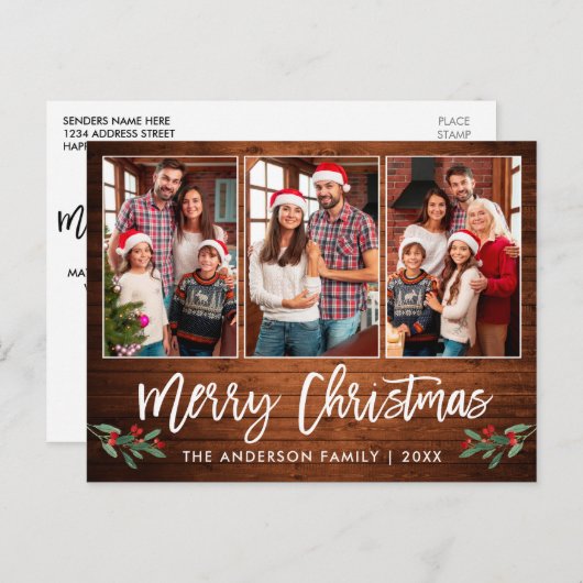 Penseel Script Wood Greenery 3 Kerstmis foto Briefkaart (Voorkant / Achterkant)