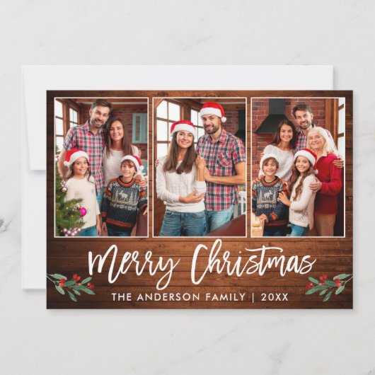 Penseel Script Wood Greenery 3 Kerstmis foto Feestdagenkaart (Voorkant)