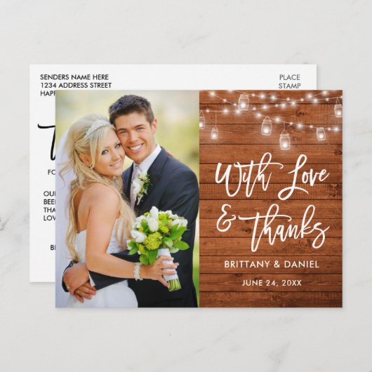 Penseel Script Wood Licht Liefde en Bedankt Wedden Briefkaart (Voorkant / Achterkant)