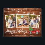 Penseel Script Wood Lights Truck 3 Photo Holiday Briefkaart<br><div class="desc">Rustic Houdpenseel Manuscript 3 de Kaart van de Familie van de Foto Prettige feestdagen met de Lichten van het Koord - Waterverf  Rode Vracht met Kerstboom</div>