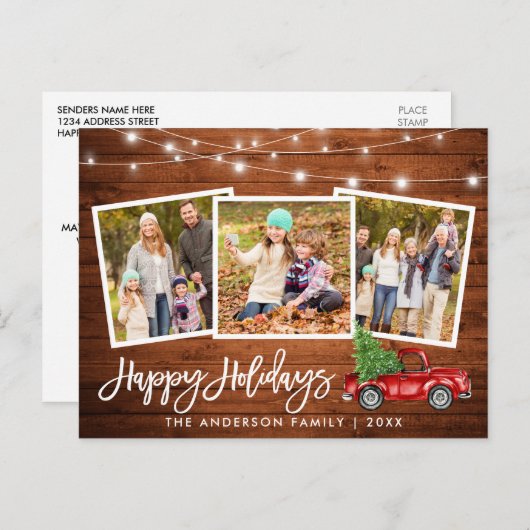 Penseel Script Wood Lights Truck 3 Photo Holiday Briefkaart (Voorkant / Achterkant)