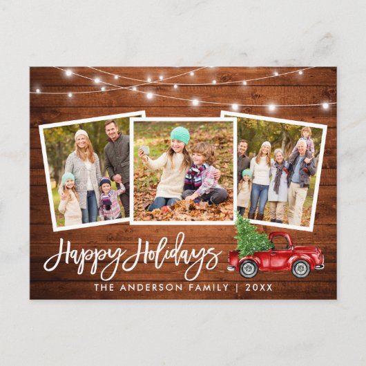 Penseel Script Wood Lights Truck 3 Photo Holiday Briefkaart (Voorkant)