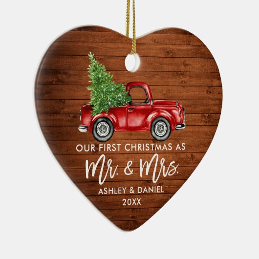 Penseel Script Wood Rood Vrachtwagen Eerste Kersth Keramisch Ornament (Rechts)