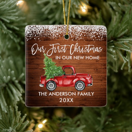 Penseel Script Wood Sneeuw 1st Kerstmis Home Truck Keramisch Ornament (Boom)