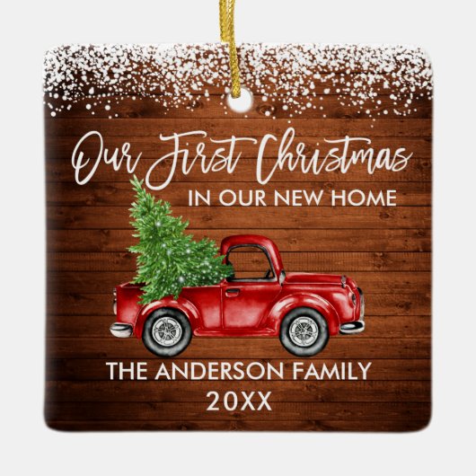 Penseel Script Wood Sneeuw 1st Kerstmis Home Truck Keramisch Ornament (Voorkant)