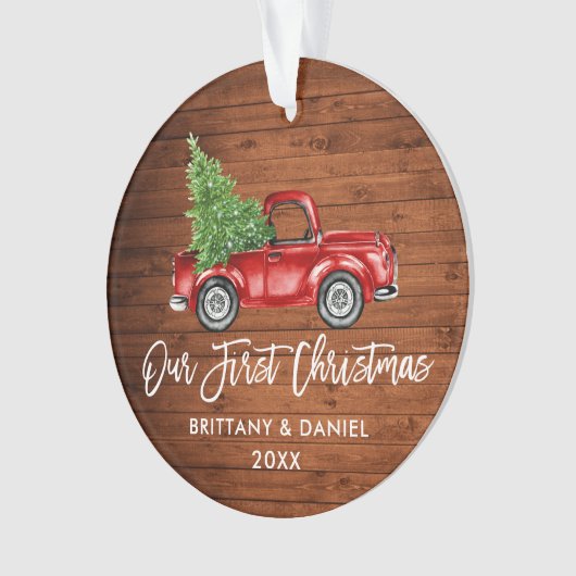 Penseel Script Wood  Vrachtwagen Eerste Kerstmis Ornament (voorkant)