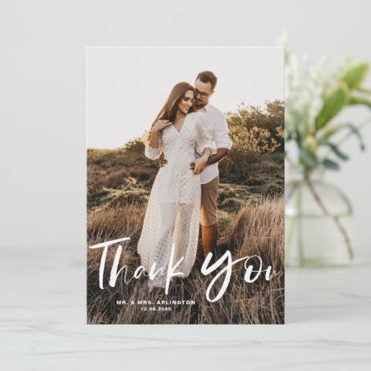 Penseelhandschrift Verticale foto-bruiloft Bedankkaart (Staand voorkant)