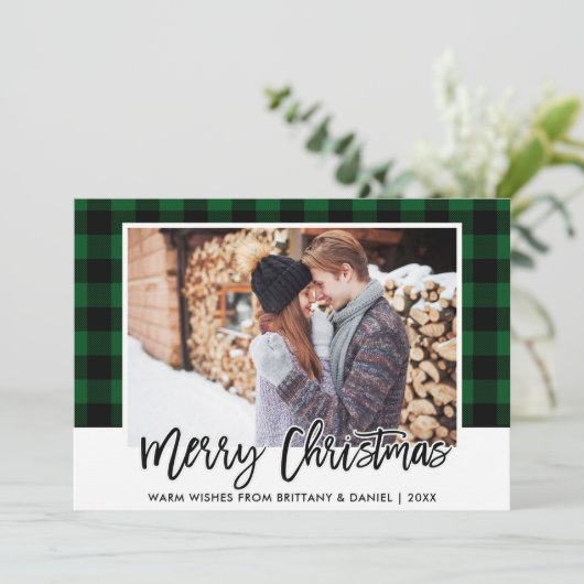 Penseelkerstmis met penseelscript, groen geplakt feestdagenkaart (Staand voorkant)