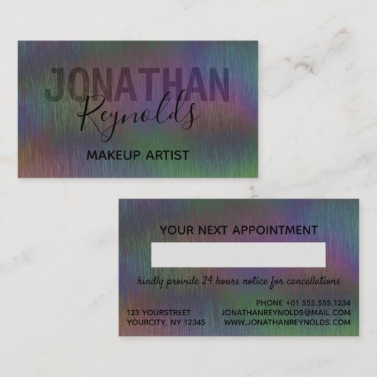 Penseelmetaal Iridescent Holographic Script Name A Afsprakenkaartje (Voorkant / Achterkant)