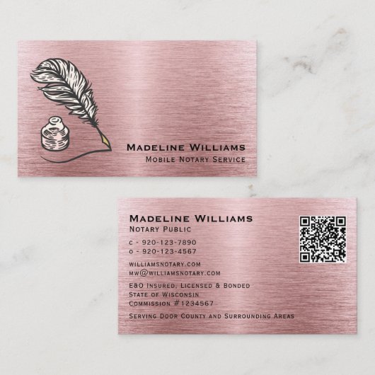 Penseelmetalen Roos Gold Quill QR Mobile Noteerbaa Visitekaartje (Voorkant / Achterkant)