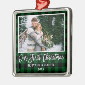 Penseelparen eerste kerstmis met groene geplakt pe metalen ornament (Links)