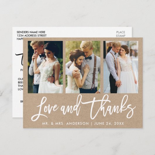 Penseelscript 3 Fotobruiloft Bedankt Kraft Briefkaart (Voorkant / Achterkant)