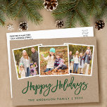 Penseelscript 3 Fotoserie Holiday Kraft Briefkaart<br><div class="desc">Moderne groenpenseelscript 3 Fotoserie Prettige feestdagen Kraft Briefkaart</div>