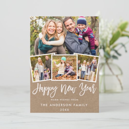 Penseelscript 4 Foto New Year Kraft Feestdagenkaart (Staand voorkant)