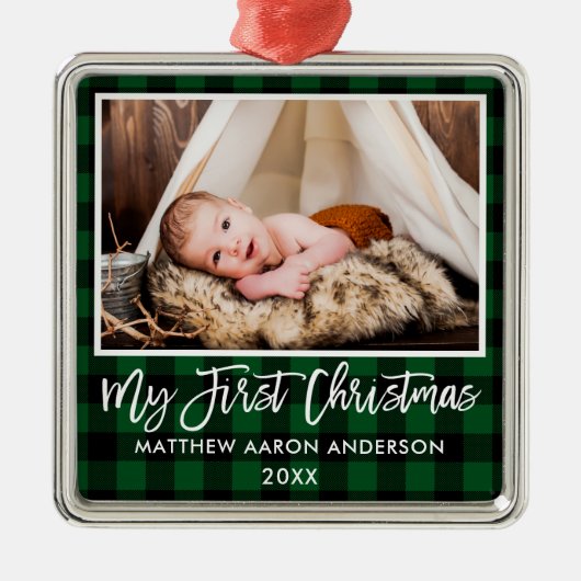Penseelscript Baby eerste kerstmis Metalen Ornament (Voorkant)