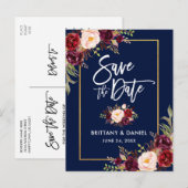 Penseelscript Bourgogne Floral Save the Date Aankondigingskaart (Voorkant / Achterkant)