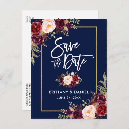 Penseelscript Bourgogne Floral Save the Date Aankondigingskaart (Voorkant / Achterkant)