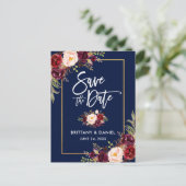 Penseelscript Bourgogne Floral Save the Date Aankondigingskaart (Staand voorkant)