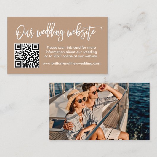 Penseelscript bruiloft Website QR Foto Taupe Informatiekaartje (Voorkant / Achterkant)